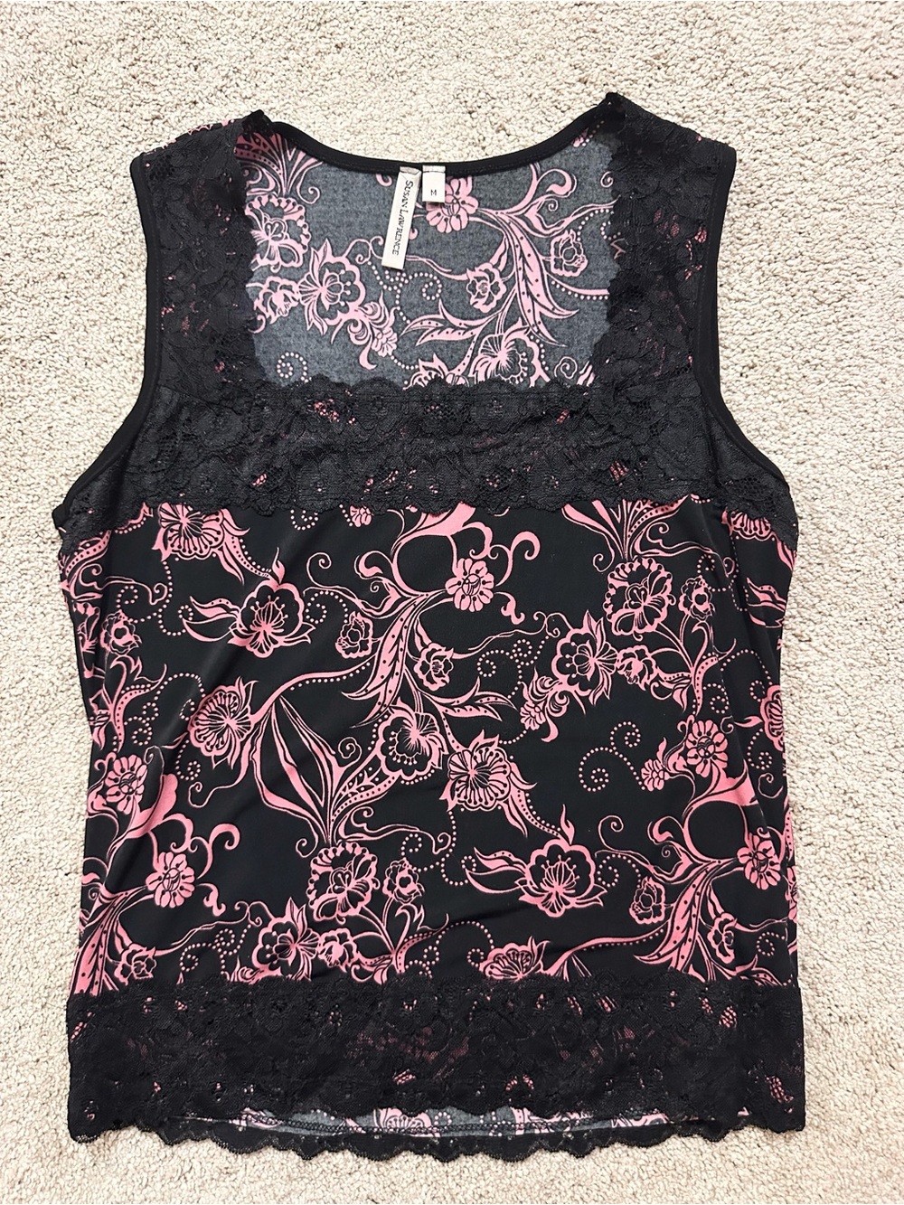 M Sleeveless Lace Trim Floral Tank Top - Black & Pink